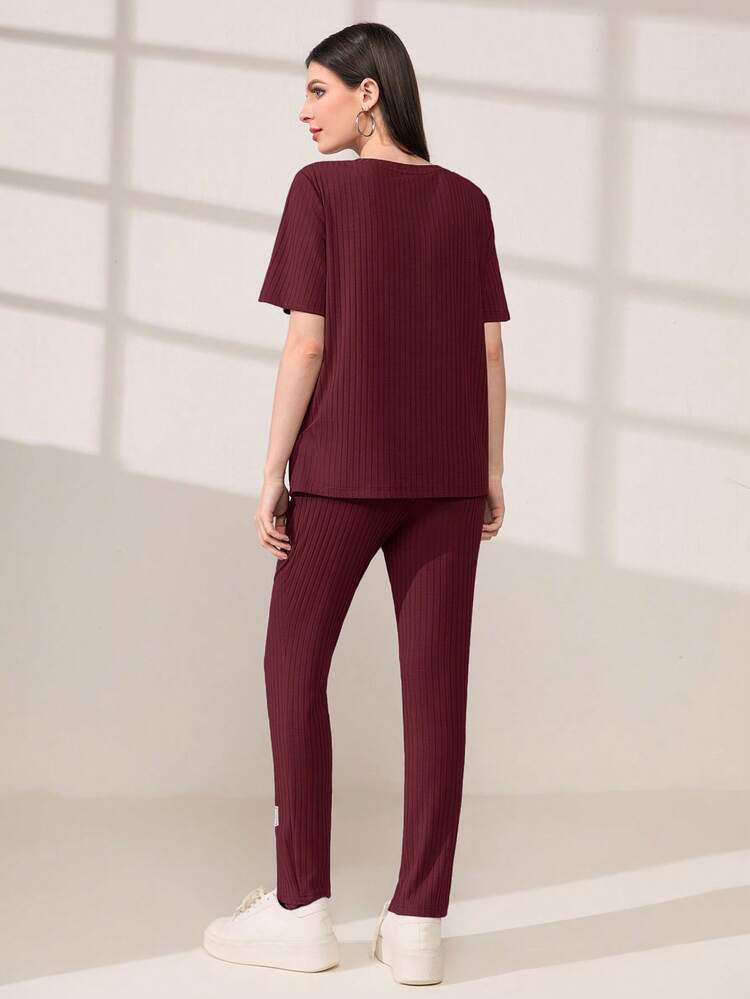 Burgundy Red Letter Patched Tee & Split Hem Pants 2 Piece Set