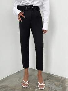 EURMUSE Solid Belted Cropped Suit Trousers - Black - View 1