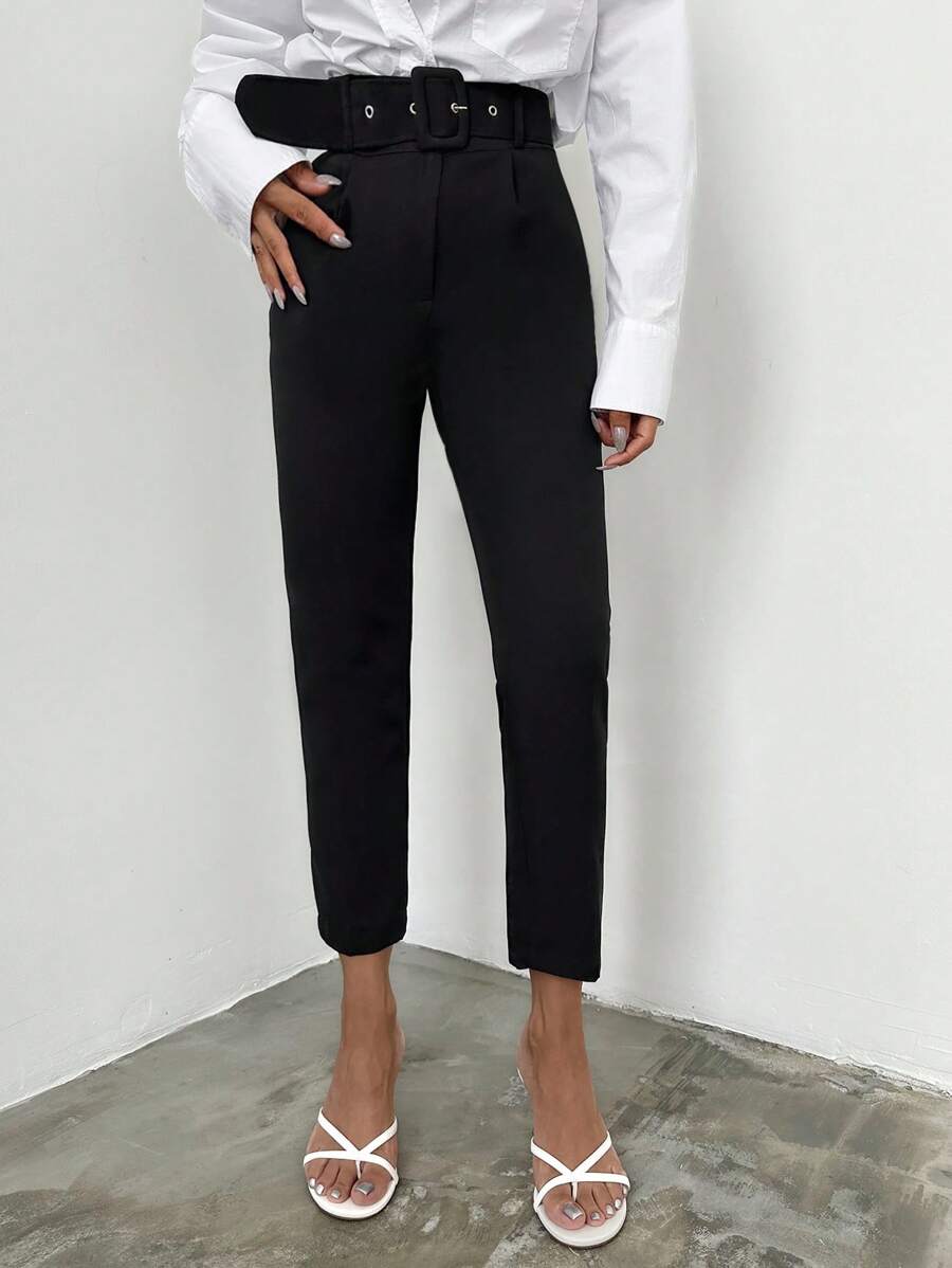 EURMUSE Solid Belted Cropped Suit Trousers - Black - View 1