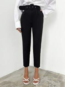 EURMUSE Solid Belted Cropped Suit Trousers - Black - View 3