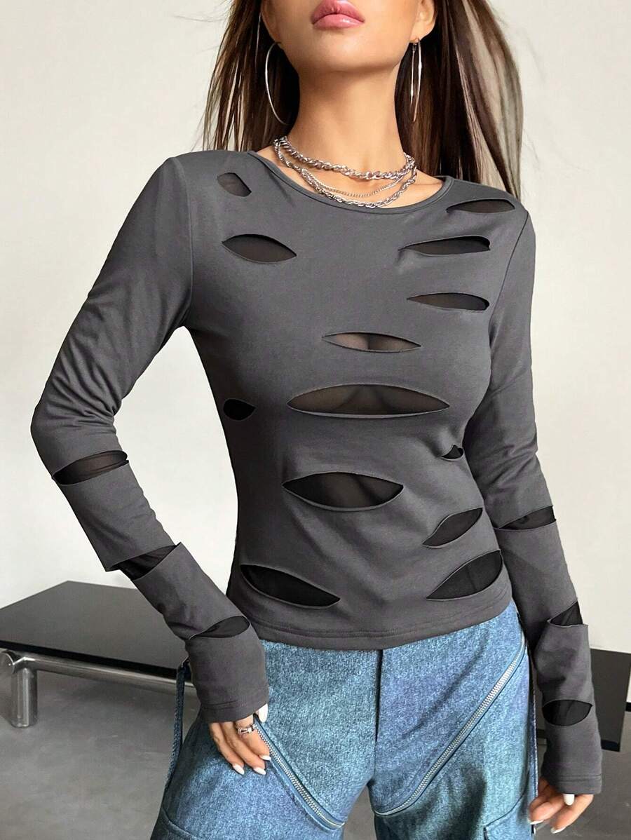 SHEIN X Danna Paola SHEIN ICON Camiseta unicolor desgarro de malla en contraste - Gris Oscuro - Ver 1