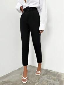 EURMUSE Solid Belted Cropped Suit Trousers - Black - View 4