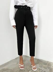 EURMUSE Solid Belted Cropped Suit Trousers - Black - View 5