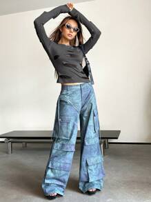 SHEIN X Danna Paola SHEIN ICON Camiseta unicolor desgarro de malla en contraste - Gris Oscuro - Ver 3