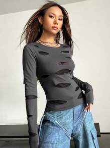 SHEIN X Danna Paola SHEIN ICON Camiseta unicolor desgarro de malla en contraste - Gris Oscuro - Ver 6