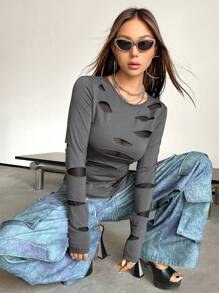 SHEIN X Danna Paola SHEIN ICON Camiseta unicolor desgarro de malla en contraste - Gris Oscuro - Ver 7