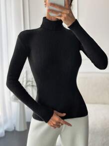 EURMUSE Turtleneck Ribbed Knit Sweater - 黑色 - 查看 4