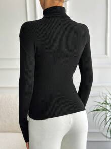 EURMUSE Turtleneck Ribbed Knit Sweater - 黑色 - 查看 2