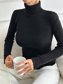 EURMUSE Turtleneck Ribbed Knit Sweater - 黑色 - 查看 3