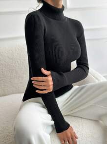 EURMUSE Turtleneck Ribbed Knit Sweater - 黑色 - 查看 1