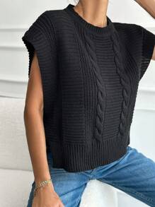 EURMUSE Solid Cable Knit Sweater Vest - Black - View 2