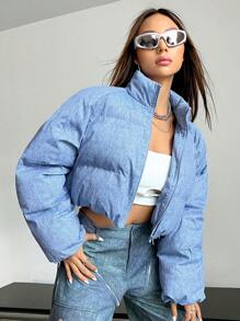 SHEIN X Danna Paola SHEIN ICON 冬季拉链短款夹棉大衣 - 藍色 - 查看 1