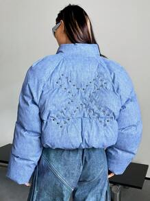 SHEIN X Danna Paola SHEIN ICON 冬季拉链短款夹棉大衣 - 藍色 - 查看 2