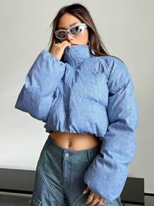 SHEIN X Danna Paola SHEIN ICON 冬季拉链短款夹棉大衣 - 藍色 - 查看 3