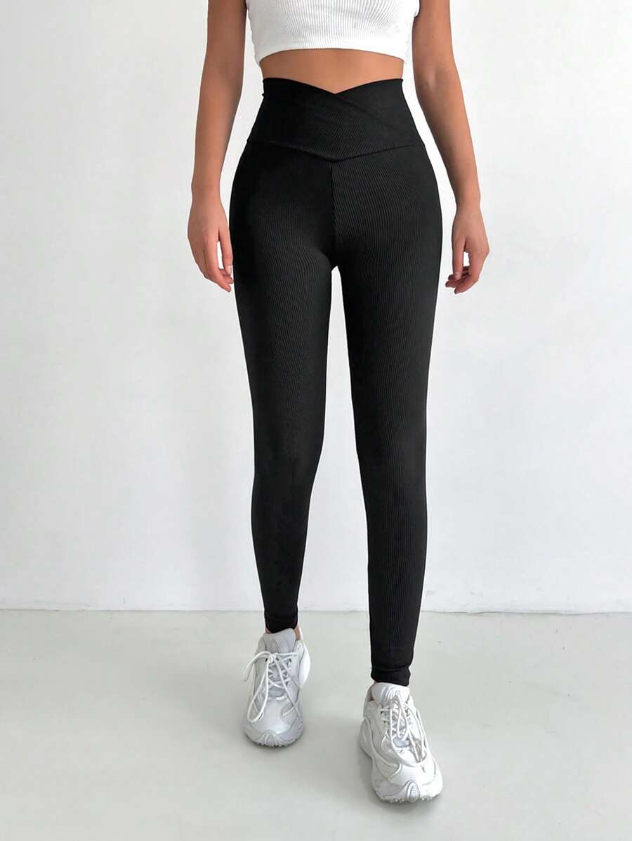 EURMUSE Overlap Waist Rib-knit Leggings - Black - View 1