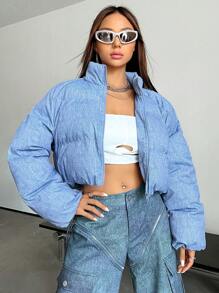 SHEIN X Danna Paola SHEIN ICON 冬季拉链短款夹棉大衣 - 藍色 - 查看 4