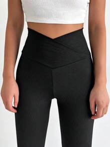 EURMUSE Overlap Waist Rib-knit Leggings - Black - View 4