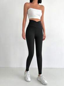 EURMUSE Overlap Waist Rib-knit Leggings - Black - View 5