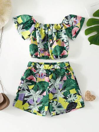女小童熱帶圖案露肩上衣&短褲