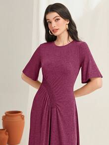 Mulvari 素色前收褶A字洋裝 - 中紫紅色 - 查看 5