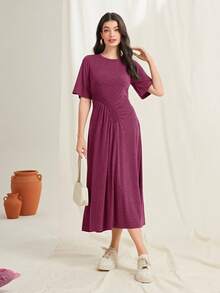 Mulvari 素色前收褶A字洋裝 - 中紫紅色 - 查看 6