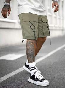 Manfinity LEGND Men Flap Pocket Drawstring Waist Cargo Shorts - Army Green - View 1