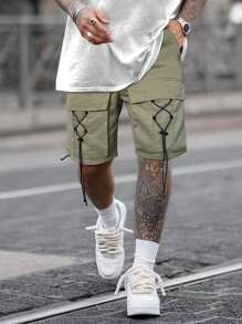 Manfinity LEGND Men Flap Pocket Drawstring Waist Cargo Shorts - Army Green - View 7