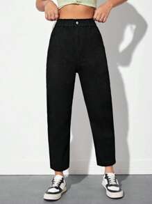 SHEIN PETITE 素色斜口袋媽媽牛仔褲 - 黑色 - 查看 1