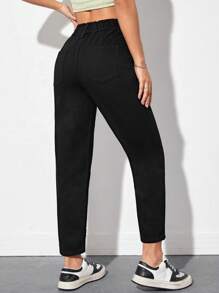 SHEIN PETITE 素色斜口袋媽媽牛仔褲 - 黑色 - 查看 2