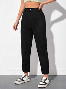 SHEIN PETITE 素色斜口袋媽媽牛仔褲 - 黑色 - 查看 3