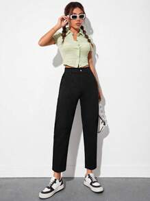 SHEIN PETITE 素色斜口袋媽媽牛仔褲 - 黑色 - 查看 4