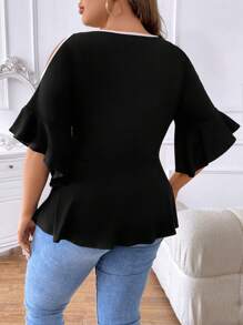 SHEIN Clasi 大碼撞色滾邊挖肩不對稱下擺T恤 - 黑色 - 查看 2