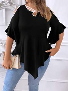 SHEIN Clasi 大碼撞色滾邊挖肩不對稱下擺T恤 - 黑色 - 查看 4