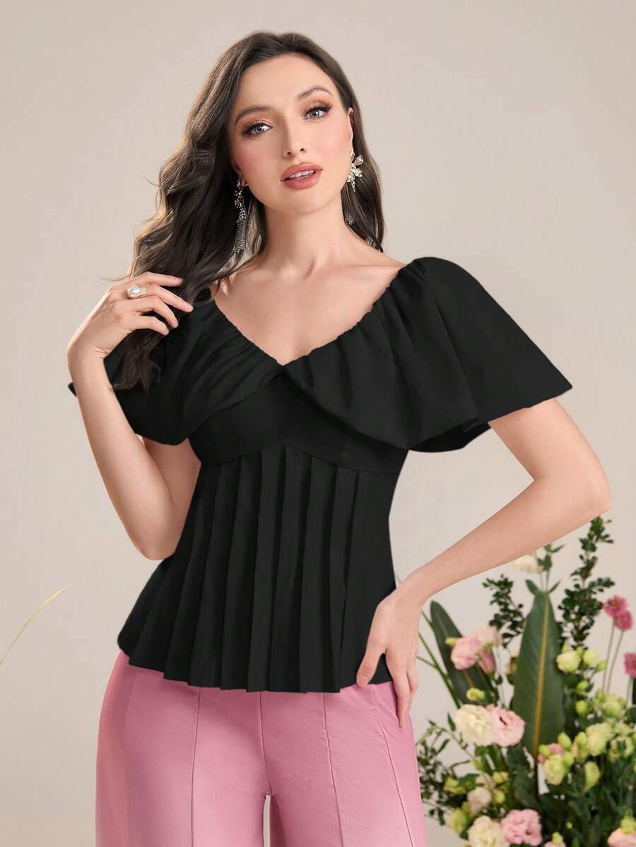 Modelyn 褶皺細節荷葉邊花邊下擺上衣 - 黑色 - 查看 1