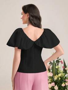 Modelyn 褶皺細節荷葉邊花邊下擺上衣 - 黑色 - 查看 2