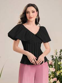 Modelyn 褶皺細節荷葉邊花邊下擺上衣 - 黑色 - 查看 5