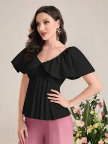 Modelyn 褶皺細節荷葉邊花邊下擺上衣 - 黑色 - 查看 4