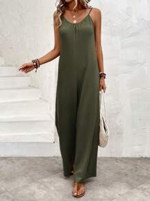 SHEIN LUNE Chất rắn Cami quần áo nịt rộng cho đùi - xanh quân đội - Xem 5