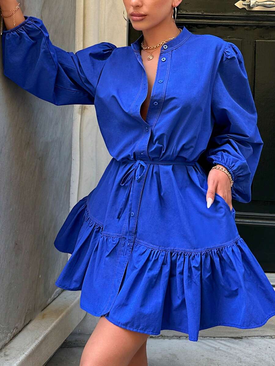 EURMUSE Lantern Sleeve Drawstring Waist Ruffle Hem Belted Dress - Blue - View 1