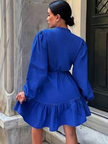 EURMUSE Lantern Sleeve Drawstring Waist Ruffle Hem Belted Dress - Blue - View 2