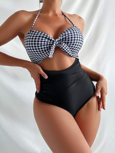 雙色格子鏤空前打結吊脖連體泳衣