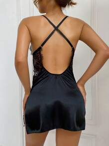 Contrast Lace Satin Slips With Thong - Black - View 2