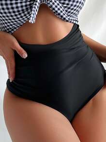 雙色格子鏤空前打結吊脖連體泳衣 - 彩色 - 查看 4