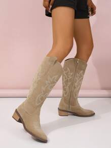 女士刺繡側邊拉鏈粗跟西部牛仔靴,時尚戶外靴子 - 卡其色 - 查看 2
