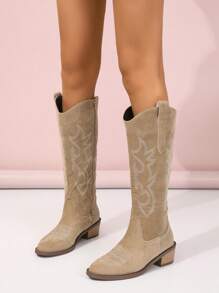 女士刺繡側邊拉鏈粗跟西部牛仔靴,時尚戶外靴子 - 卡其色 - 查看 3