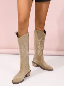 女士刺繡側邊拉鏈粗跟西部牛仔靴,時尚戶外靴子 - 卡其色 - 查看 4