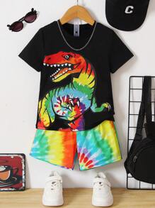 SHEIN 2 Cái/bộ Tập Đi Bé Trai 3D In Hình Khủng Long Dễ Thương Trên Và Dây Buộc Quần Short Cho Ngày Lễ, Mềm Mại & Thoải Mái, Mùa Hè - Nhiều màu - Xem 1