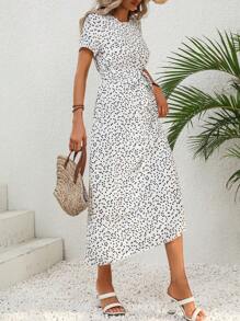 SHEIN LUNE 紙屑愛心圖案繫腰帶洋裝 - 白色 - 查看 3