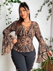 Flirla 大碼佩斯利印花前繫帶荷葉袖上衣 - 鏽棕色 - 查看 4