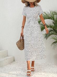 SHEIN LUNE 紙屑愛心圖案繫腰帶洋裝 - 白色 - 查看 5